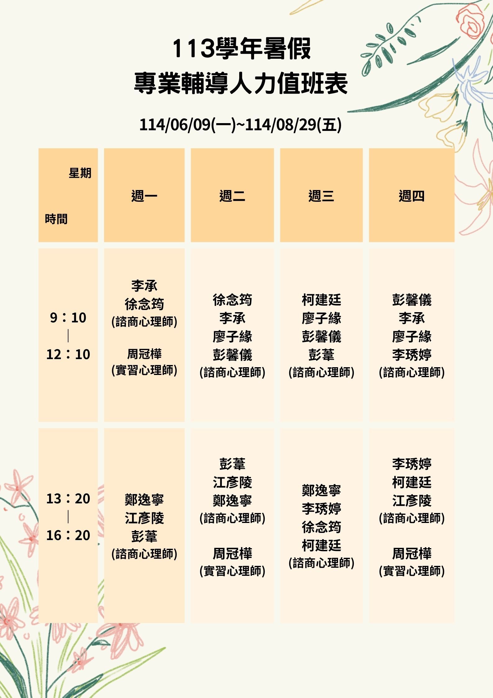值班表
